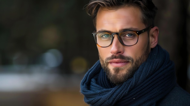 A handsome young man with a beard and mustache wearing a blue scarf and glasses