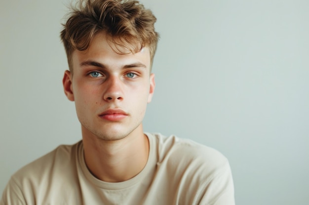 Photo handsome young man with blue eyes in beige tshirt