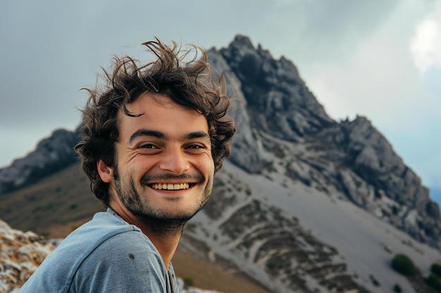 Handsome young man with curly hair and beard smiling on the background of the mountains