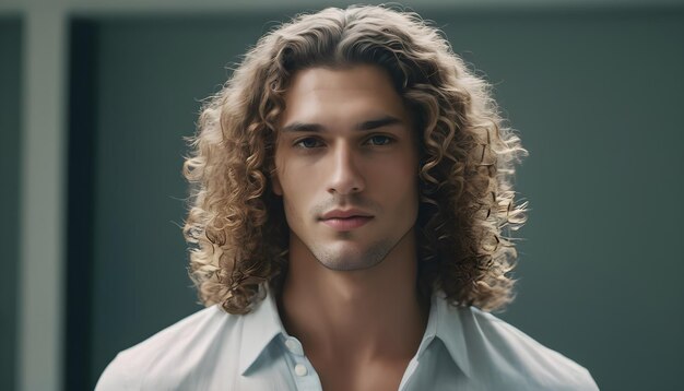 Photo handsome young man with curly long hair