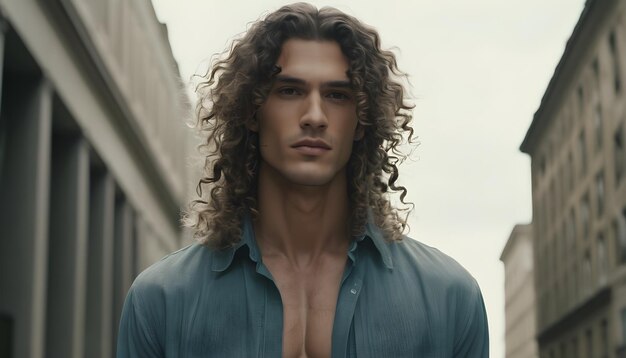 Photo handsome young man with curly long hair