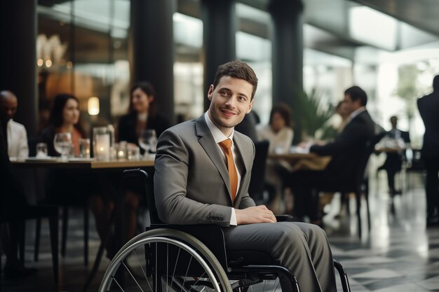 Foto un bel giovane con un handicap in un abito d'affari nel ristorante giovane e di successo