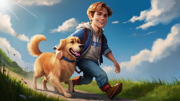 Handsome young man with golden retriver outdoors