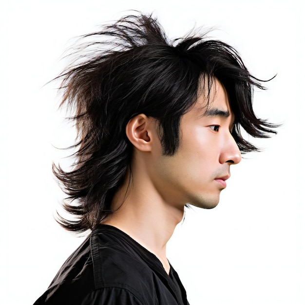 Handsome young man with wind blowing his hair over white background