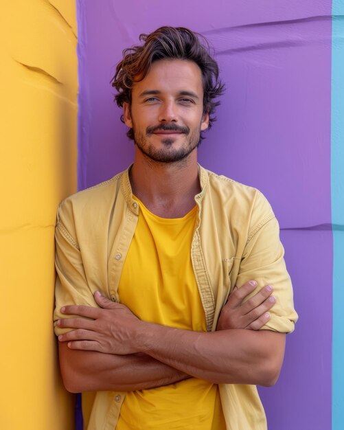 Handsome young man with yellow shirt standing over purple and yellow background with arms crossed and looking at the camera