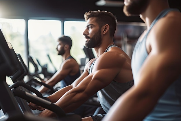 Handsome young man working out on a treadmill in a gym Man working on fitness machine at the gym top section cropped AI Generated