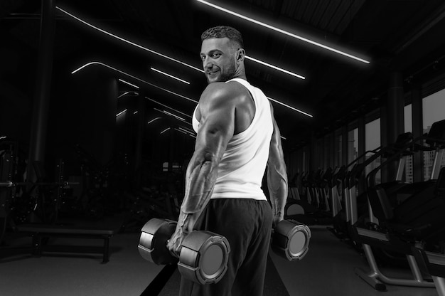 Bel giovane uomo che lavora con manubri in palestra. pompaggio a spalla. concetto di fitness e bodybuilding.