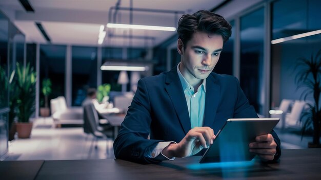 Handsome young man working with digital tablet in the office