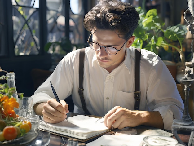 Handsome young man writing in a notebook while sitting at a table in a cafe Generative AI