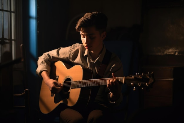 A handsome young musician playing his guitar in a dimly lit room created with generative ai