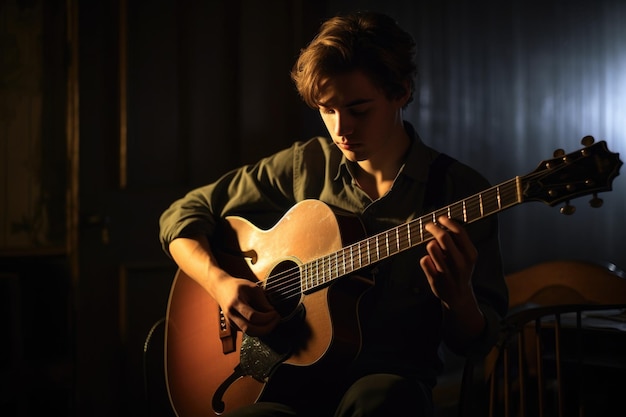 A handsome young musician playing his guitar in a dimly lit room created with generative ai