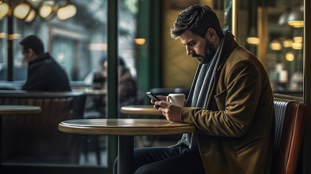 ハンサムな服を着た中年男性がカフェのテーブルに座り、携帯電話でテキストメッセージを送信している 生成 AI テクノロジーで作成