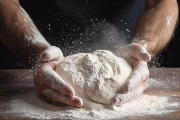 Handson Cooking Man Kneading Dough on Wooden Table