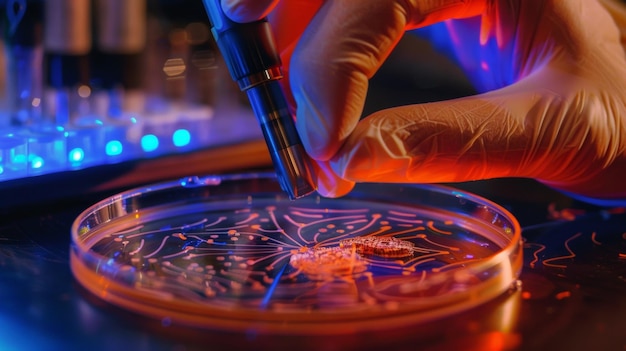 Photo a handson image of a scientist using a specialized d bioprinter pen to create intricate designs of