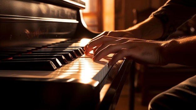 Handspelen op piano Closeup Prachtig licht en compositie Elegant pianospelen