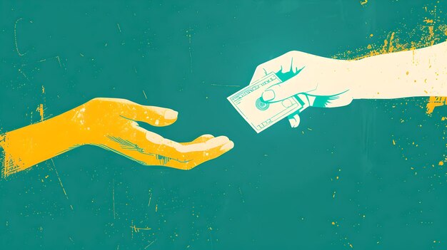 Photo handtohand exchange of money financial transaction concept illustration in grunge style vibrant colors depicting payment trade or deal suitable for business and finance themes ai