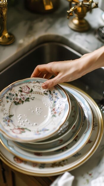 Photo handwashing delicate china plates with care preserving family heirlooms