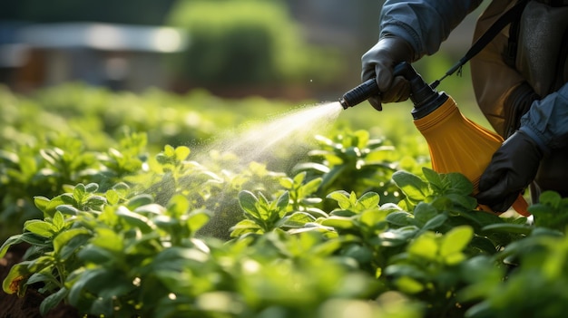 Foto indossare guanti a mano, tenere un spruzzatore a tubo e innaffiare le piante giovani in giardino