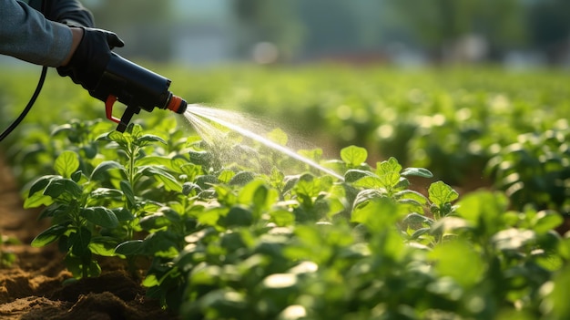 Photo handwearing gloves holding a hose sprayer and watering young plants in the garden