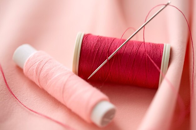 handwerk, ambacht, naaien en afstemmen concept - rode draadspoel op doek