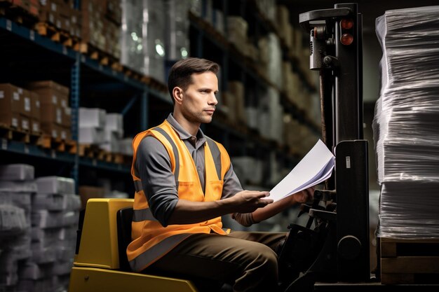 Handwerker zit in een heftruck en leest papierwerk terwijl hij in een magazijn werkt