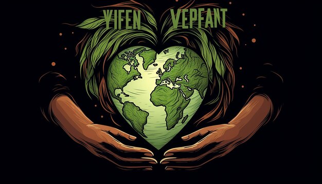 Foto handwiegen hartvormige aarde met 'vegan for the planet' in vet modern lettertype abstract