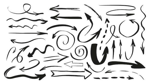 Рукописные стрелки набор маркеров щетка почерк текстуры элементы Doodle с черным рукой нарисованный скрученный поворотный вращающийся указывающий и изогнутый курсор с различными вариациями Векторная иллюстрация