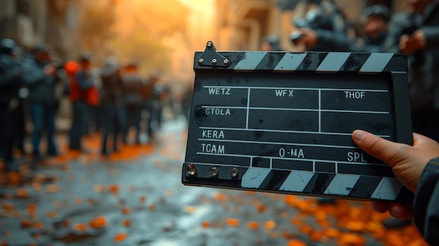 Handwriting on a slate or clapperboard film crew in the studio working