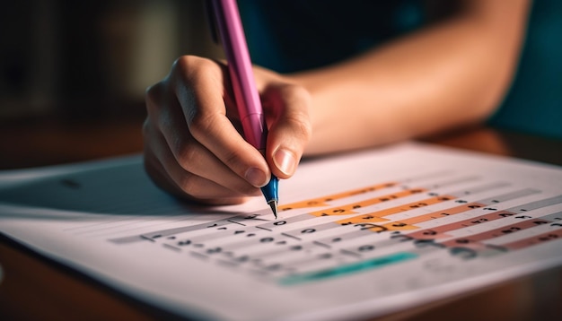 Foto piano di successo della scrittura a mano uomo d'affari che tiene la penna lavorando su carta generata dall'intelligenza artificiale