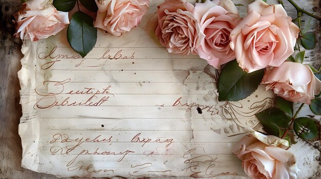 写真 古いポストカードに手書きの誕生日祝い香りのあるバラと過去の思い出に囲まれています