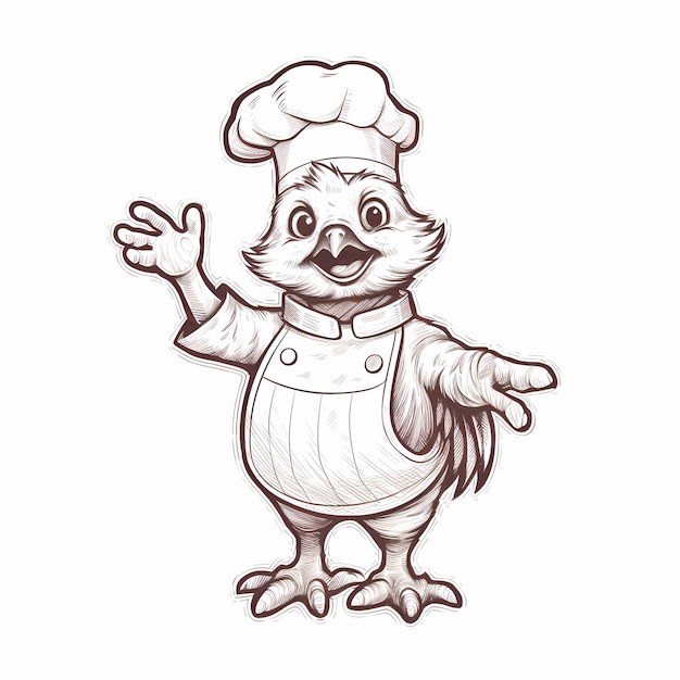 рукописная милая иллюстрация шеф-повара с курицей в стиле чиби на белом фоне