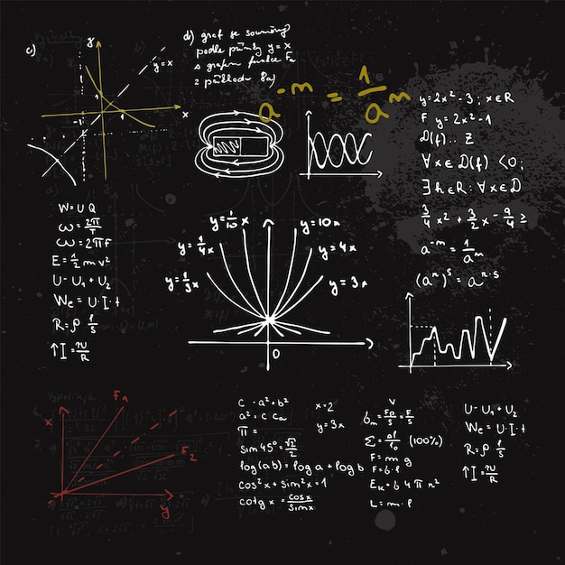 Handwritten mathematical formulas and graphs. Blackboard with calculations.