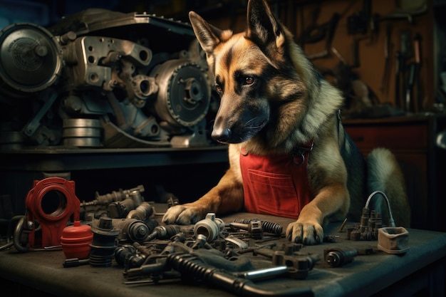 Handyman cute dog doing mechanic repair