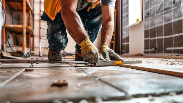 Photo a handyman using a level to lay tiles during home improvement