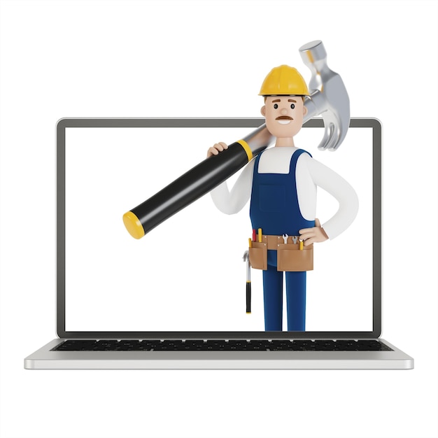 Handyman with a big hammer in the laptop screen Husband for an hour An electrician plumber carpenter calls the foreman to work 3D illustration in cartoon style