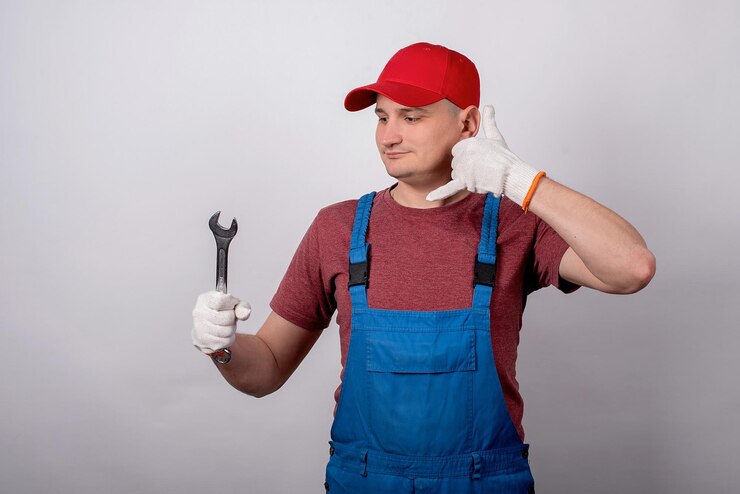 Handyman with a wrench and a phone on a white background in a work uniform and a cap with a smile the concept of calling the master to the housexA