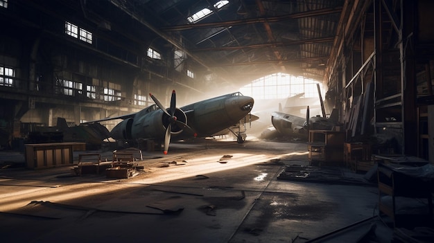 a hangar with a plane and other planes in it