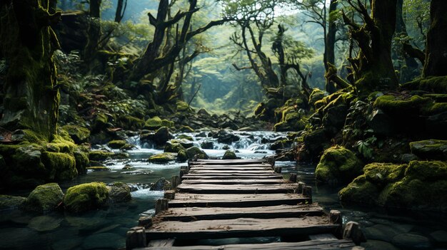 Foto hangbrug in het bos met stromend water