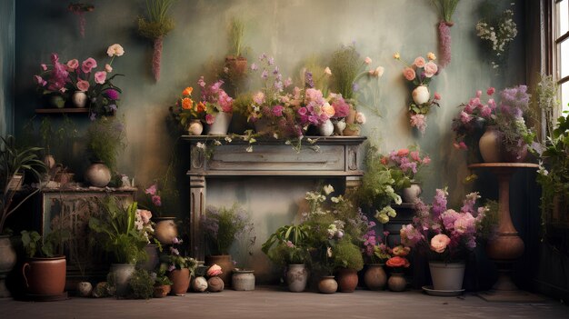 Hanged potted flowers boho room background Flowers in pots Plants in pots room