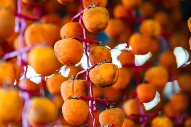 Hanged vietnamese persimmons traditional food dried persimmons in dalat vietnam selective focus