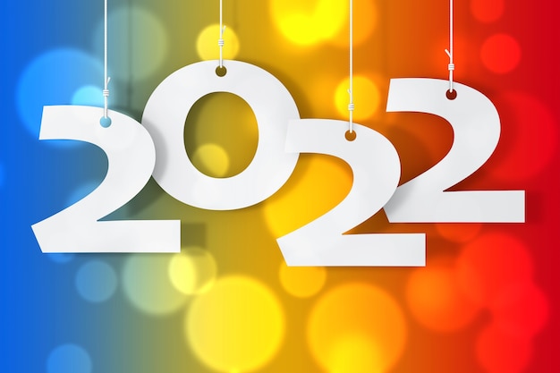 Foto hangend aan touwen nieuw 2022 jaarteken op een gekleurde achtergrond. 3d-rendering
