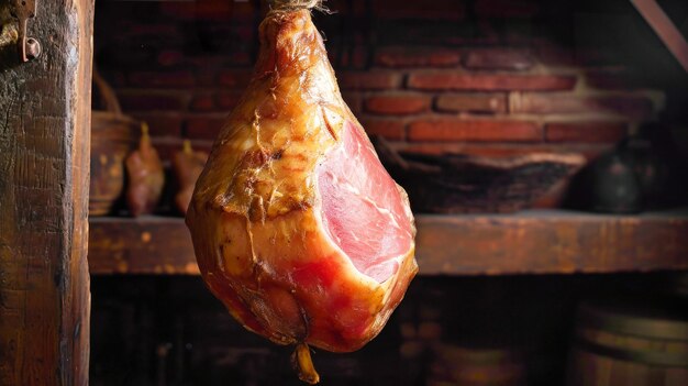 Hangend stuk vlees op een haak Jamon Ham Farm Productie