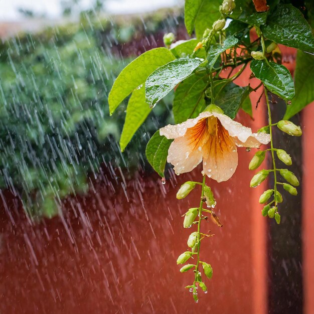 Foto hangende bloem in de regen groene bladeren en oranje muren met druppels water erin