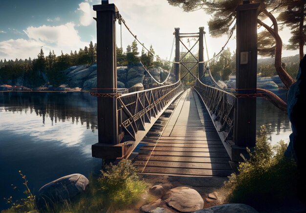 Hangende houten brug over de rivier