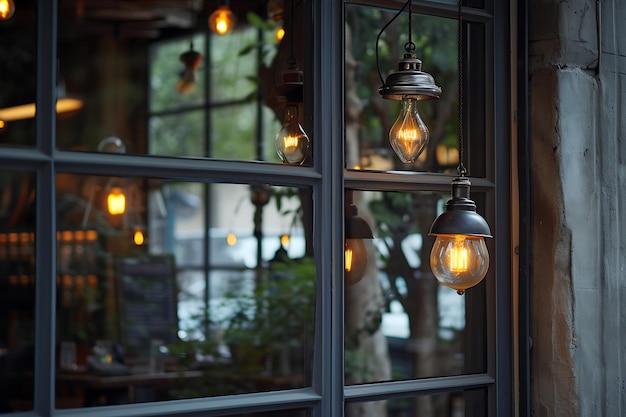 Hangende lampen in het raam van een stijlvol café