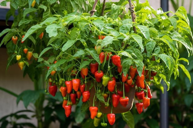 Hangende peperplant in de moestuin