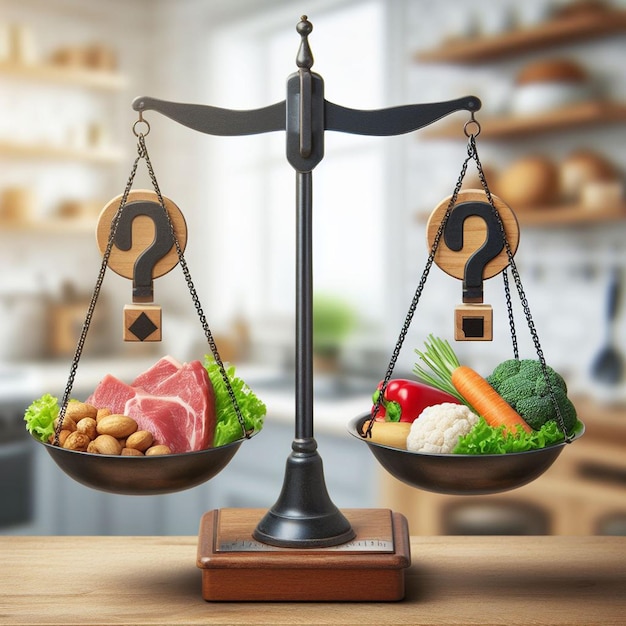 Foto hangende schubben op een wazige achtergrond in de keuken op de ene schaal vlees eten op de andere schaal vegetarisch eten