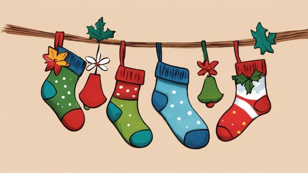 Foto hangende sokken kerstversiering cartoon stijl