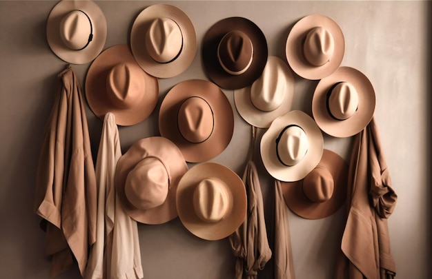 A hanger full of hats and near a white wall