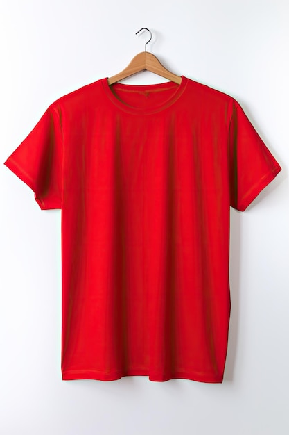 Foto hanger met blanco rood t-shirt op lichte muur mockup voor ontwerp